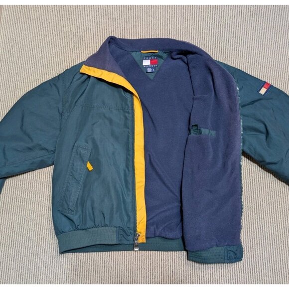 Vintage Tommy Hilfiger Windbreaker Jacket Large Green Yellow Fleece - Picture 3 of 16